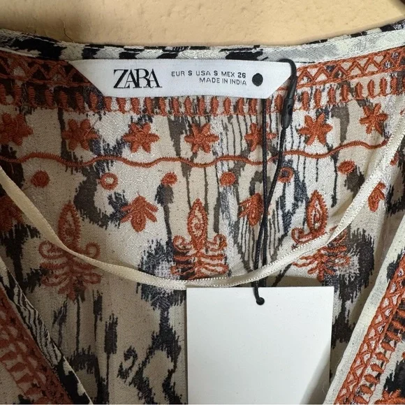 Zara Embroidered Ikat Print Midi Caftan Dress Small NWT